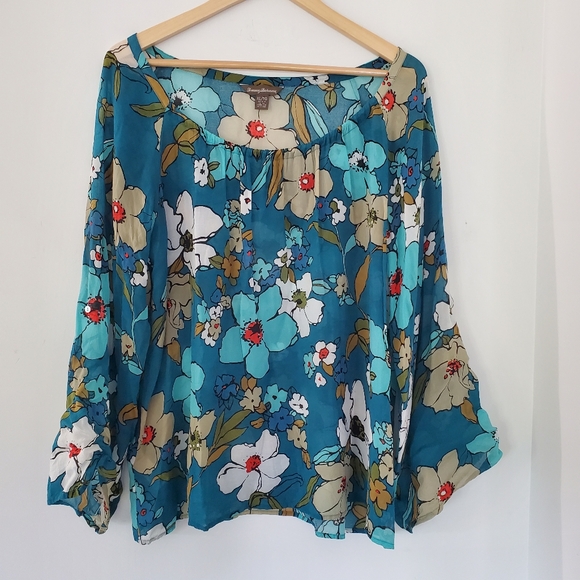 TOMMY BAHAMA XL Teal Floral Sheer Roll-Tab Sleeve Cupro Blouse Pullover Coastal - Picture 1 of 13